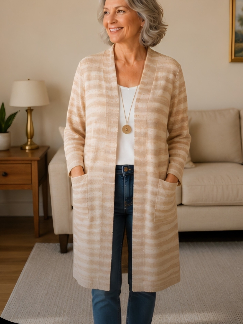 Chico's Cream and Beige Striped Open-Front Long Cardigan 1492 (1) MED